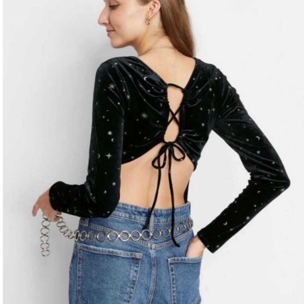 Wild Fable Celestial Sparkle Black Velvet Bodysuit, Women’s Size Large/XL Goth